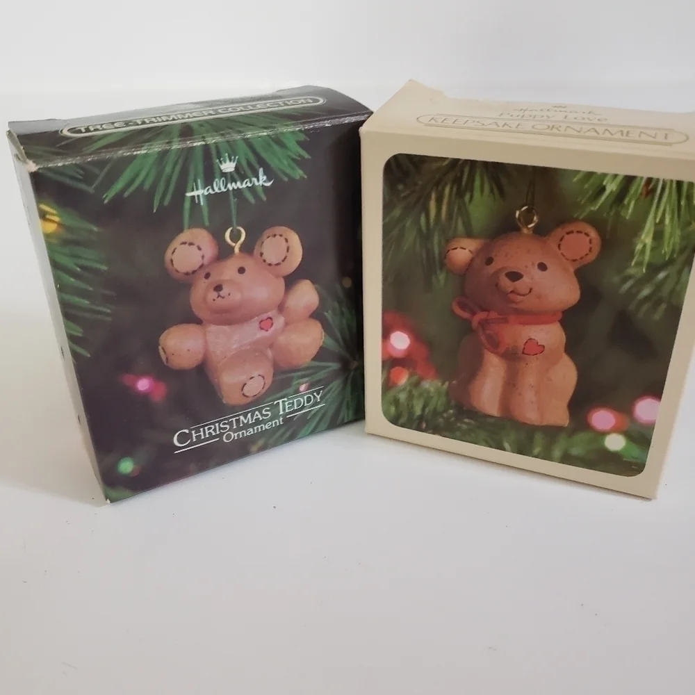 NEW Vintage Hallmark Keepsake Ornament Set - Puppy Love & Christmas Teddy 1980